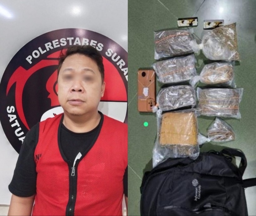 Tersangka pengedar ganja dan barang bukti di Polrestabes Surabaya